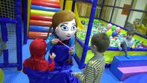 Fun Indoor playground - Soap Bubbles show Little boy Spiderman Playing with Anna Frozen in real life