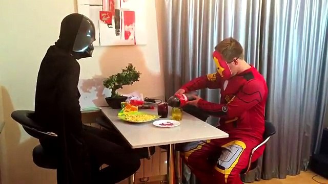 Darth Vader playing Star Wars Battlefront Video Games PS4 w/ Iron Man! Superhero in Real Life Movie