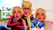 Frozen Elsa SUPERHEROES vs VILLAINS! w/ Spiderman Pink Spidergirl Maleficent Joker Superhero Fun IRL