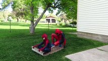 SpiderMan Flies on Magic Carpet Ride w Deadpool vs Joker Harley Quinn Frozen Elsa funny Prank