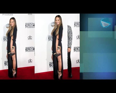 Chrissy Teigen suffers wardrobe malfunction in daring high thigh-slit dress