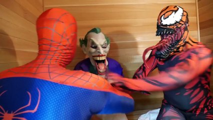 Spiderman vs Carnage vs Joker Spiderman Sauna Bath Real Life Superhero Movie Battle for Kids