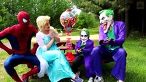 Frozen Elsa Turns into Maleficent! w/ Spiderman, Joker & Joker Kid, Pink Spidergirl, Minions & Gum