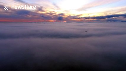 Beautiful drone view from above the fog