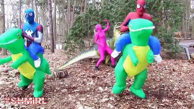 SPIDERGIRL DINO DANCE SPIDERMAN Dancing Fun Kids DINO DANCE TRex Superhero Fun in Real Life SHMIRL