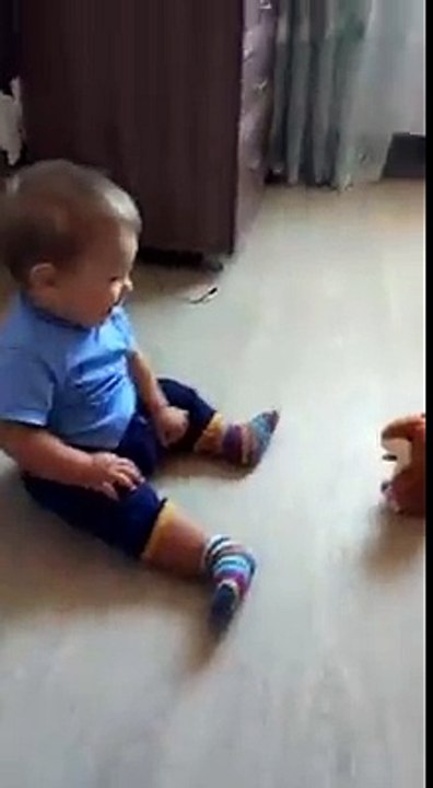 Funny Kid starts to weep on toy reaction