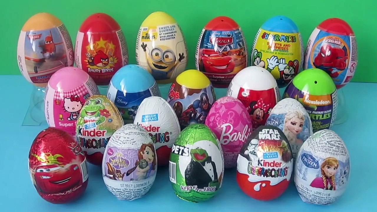 20 Surprise Eggs Kinder Surprise Toys Cars Frozen Elsa Sofia Barbie Minions Hello Kitty Super Mario