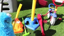 Cookie Monster and Super Mario Play at Backyard Playground and Drive Cozy Coupe