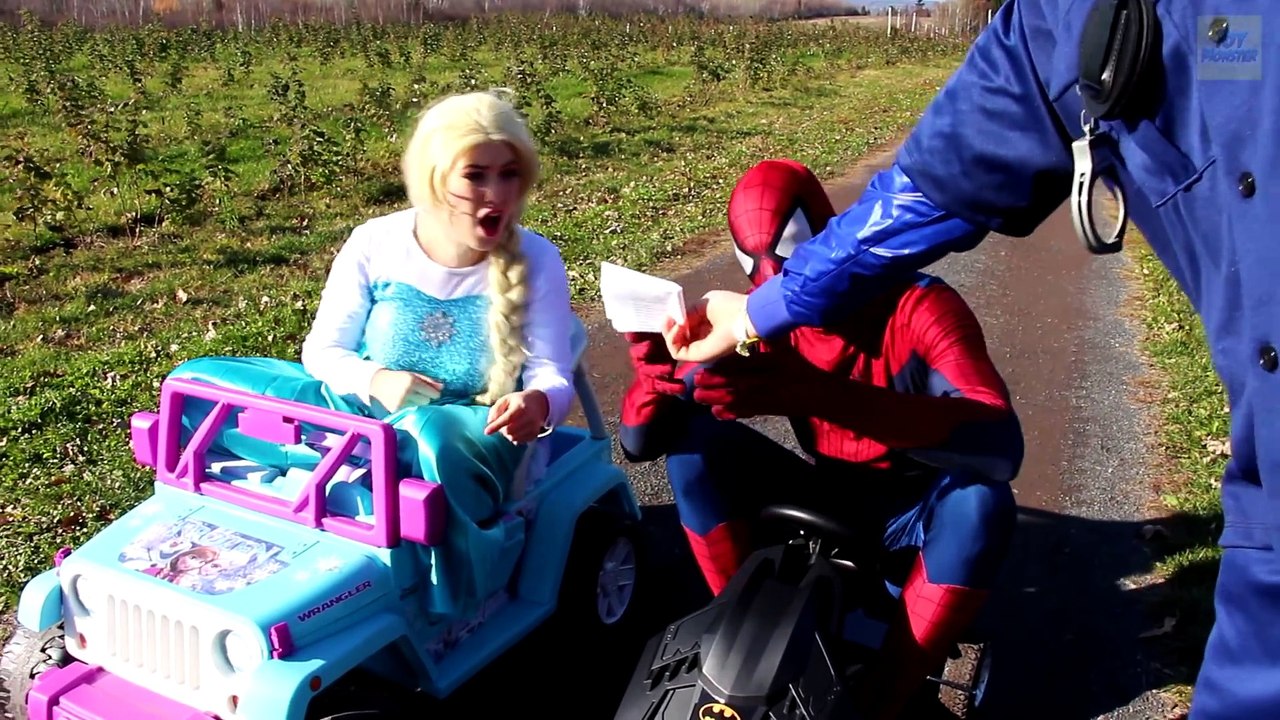 Frozen Elsa & Spiderman CAR RACE! w Joker Maleficent Anna Superman Batman Police TOYS! Superheroes