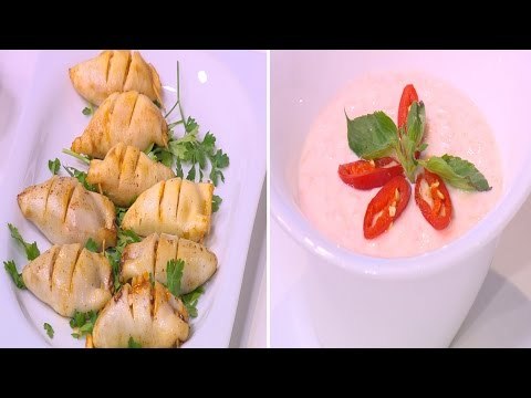 كاليماري محشي أرز و جمبري - سلطة زبادي بالجزر و الثوم | شبكة و صنارة حلقة كاملة