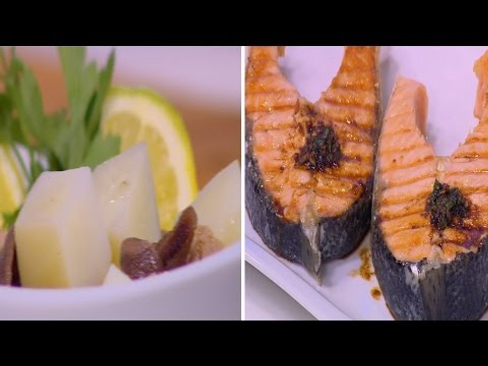 سلمون ستيك بصوص الجنزبيل - سلطة بطاطس بالتونة |...