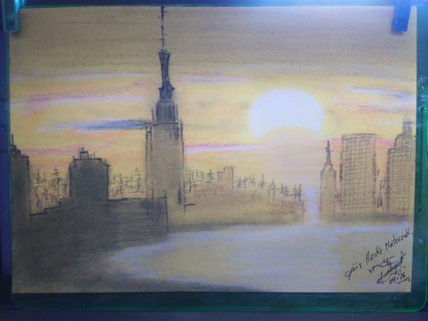 Como dibujar y pintar con tiza pastel ciudad al atardecer, How to draw und paint city at sunset pastel chalk