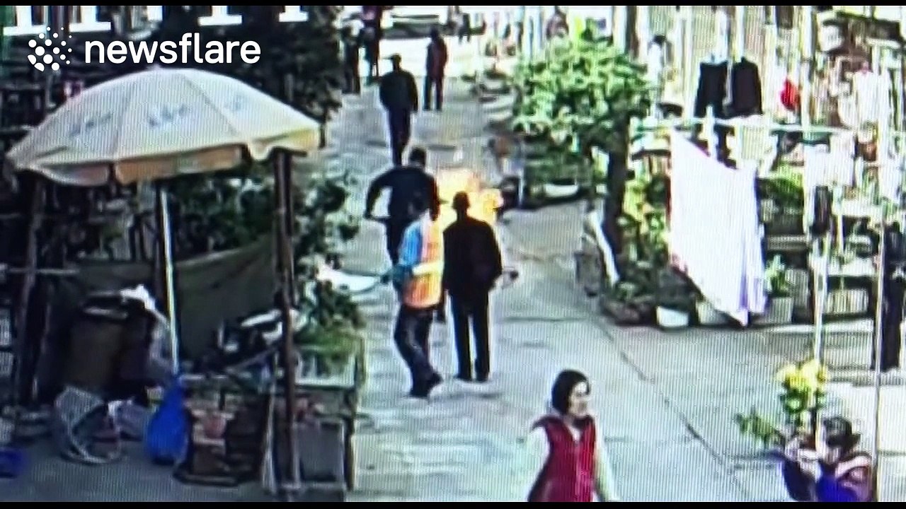 Brave man drags flaming gas cylinder to 'stop it exploding' near people