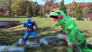 Capitan America VS Dinosaurs. SuperHeroes Finger Family Spiderman and Elsa and Princess in New York