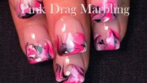 DIY Easy Pink and Black No Water Drag Dry Marble Nail Art Design Tutorial