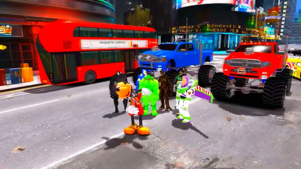 Monster Truck Cars with Mickey Mouse, Venom, Iron Man, Buzz Lightyear, Green Lantern and Groot
