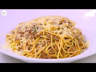 اسباجيتي باللحمة المفرومة و صوص الجبنة | نجلاء الشرشابي