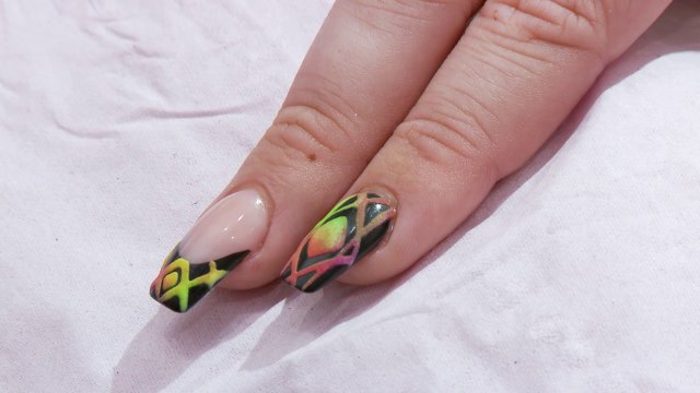 Matte on Gloss - Neon Aztec on Black Acrylic and Gel Nail Art Design Tutorial