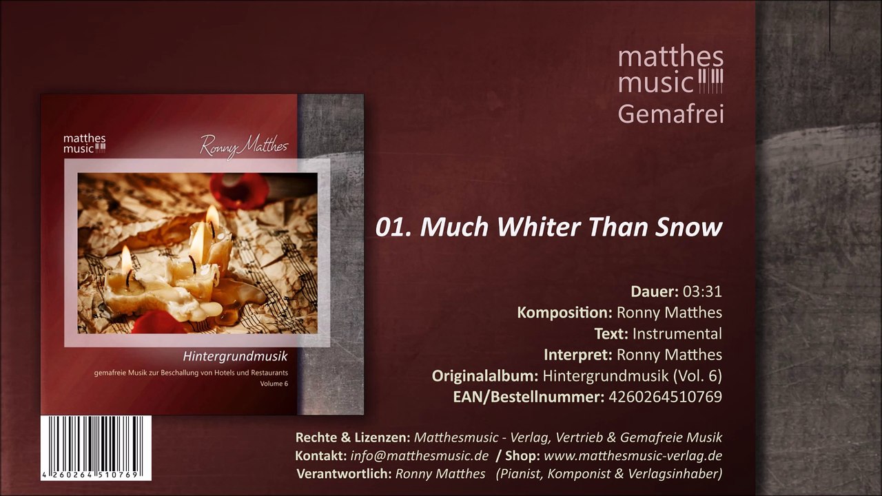 Much Whiter Than Snow - Piano Music (Royalty Free) (01/12) - CD: Hintergrundmusik (Vol. 6); Gemafrei