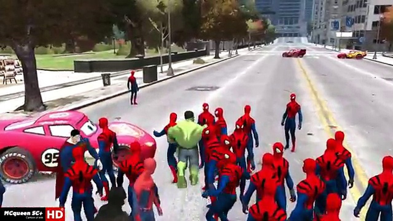 Lightning McQueen Cars Colors Motorbike wirh Spiderman + HULK + Batman Cartoon Colors for Kids