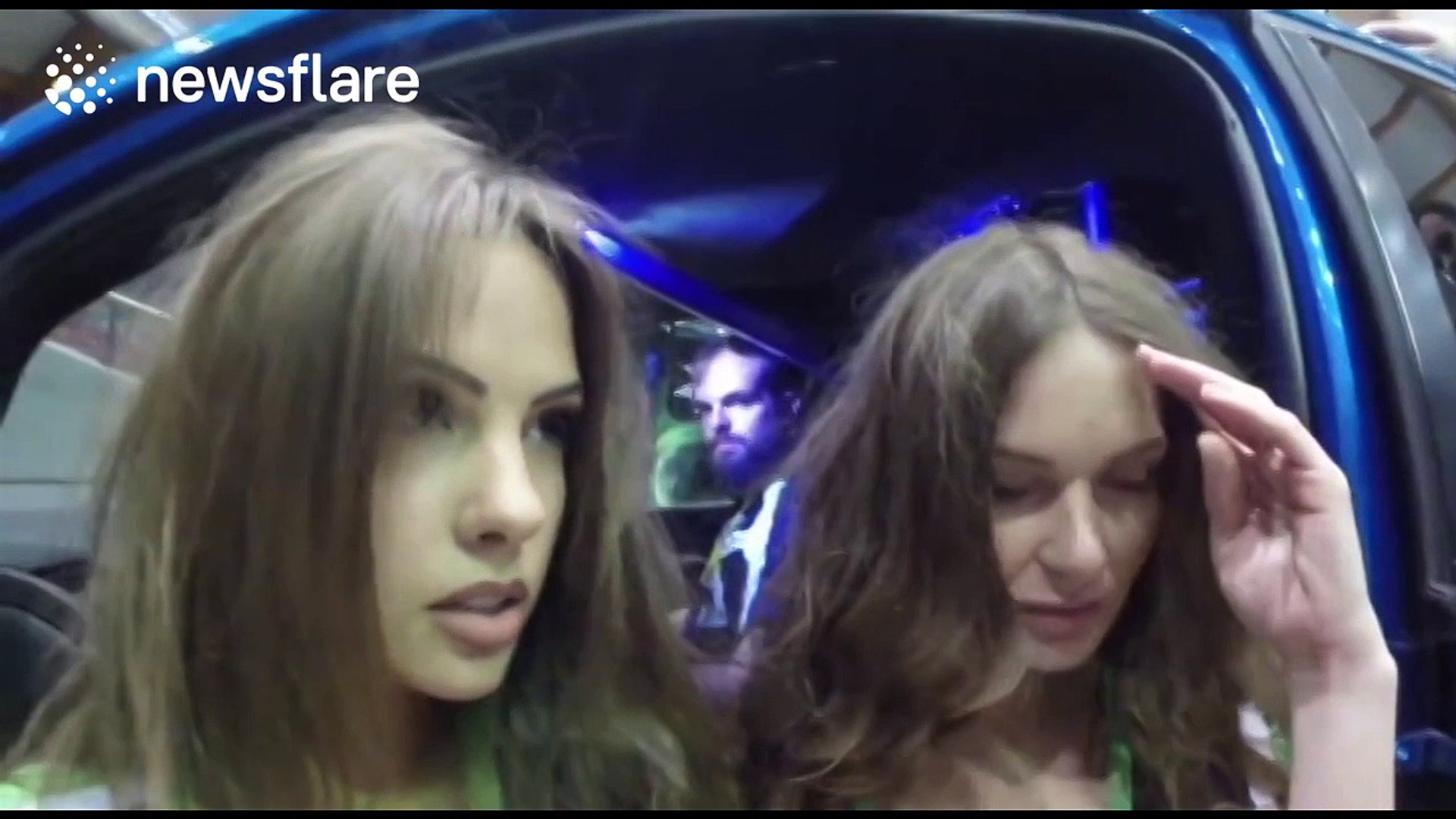 ⁣Ridiculously powerful speakers raise hair on women's heads