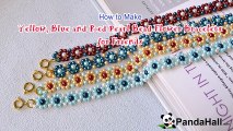 Vidéo 79(P) Comment faire un bracelet de fleur avec perles en verre nacré jaunes rouges et bleues