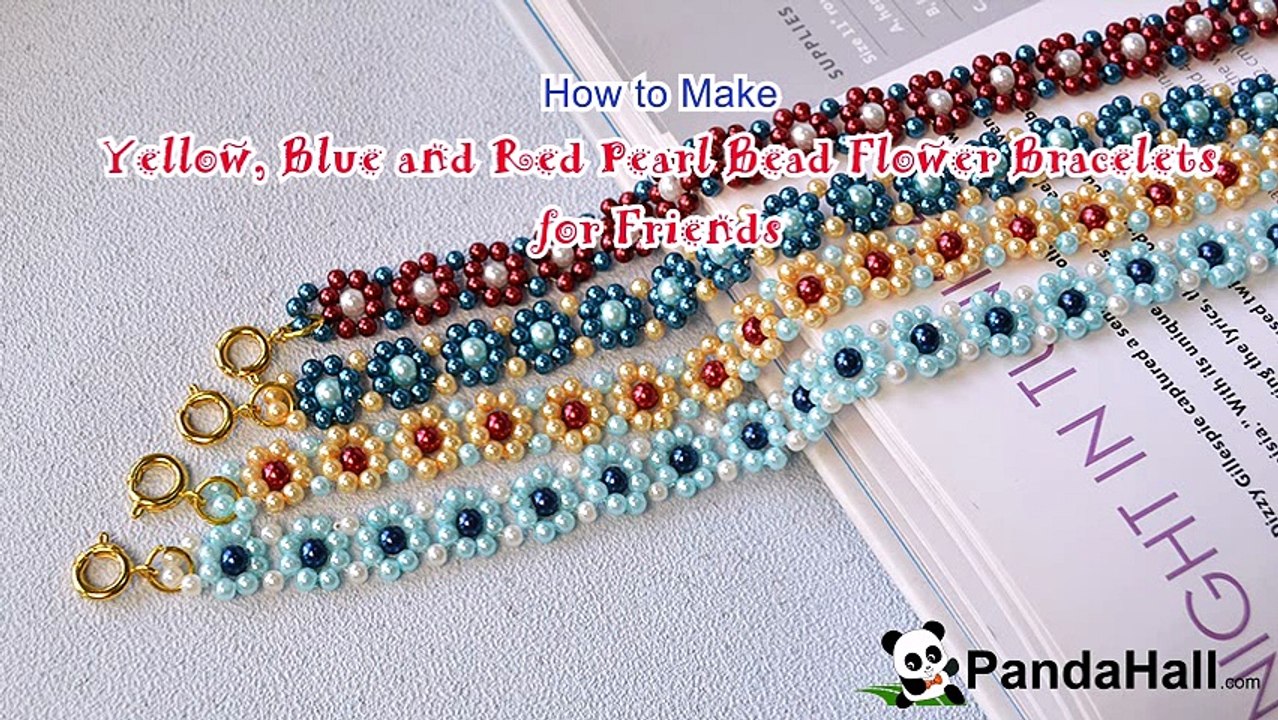 Vidéo 79(P) Comment faire un bracelet de fleur avec perles en verre nacré jaunes rouges et bleues