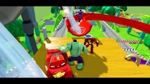 Spiderman HULK & Iron Man ride their bikes & have Fun in Toboggan + race with Disney Cars Mcqueen 2