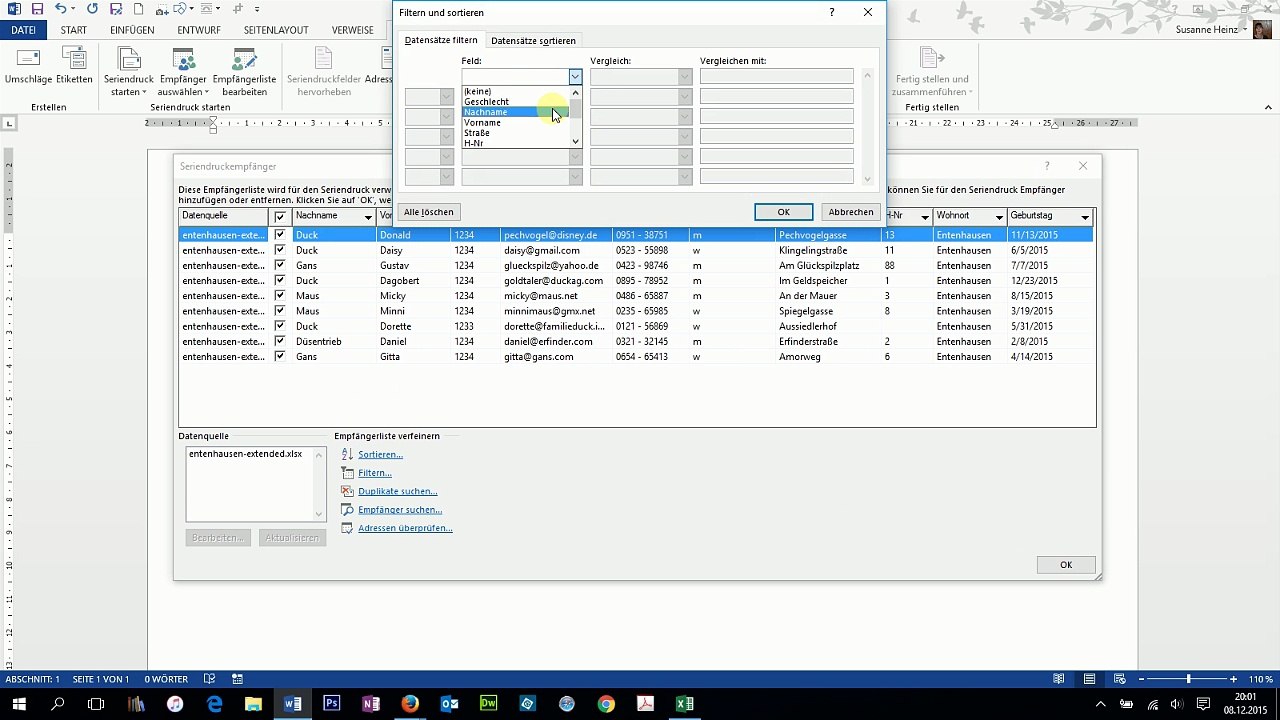 Ein Verzeichnis mit Hilfe der Seriendruckfunktion erstellen