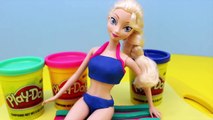 Frozen Elsa Barbie Doll with Play Doh Swim Suit Bikini Dress Up on a Beach Towel by ToysReviewToys