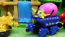 DinoTrux Revvit and Ty Rux Play Tag and King of the Mountain Dozer Hides Dinosaur Surprise Eggs Toys