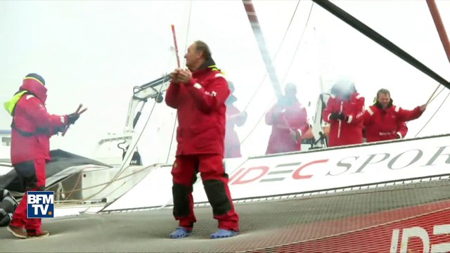 Trophée Jules Verne: l'équipage de Francis Joyon acclamé à Brest lors de leur arrivée