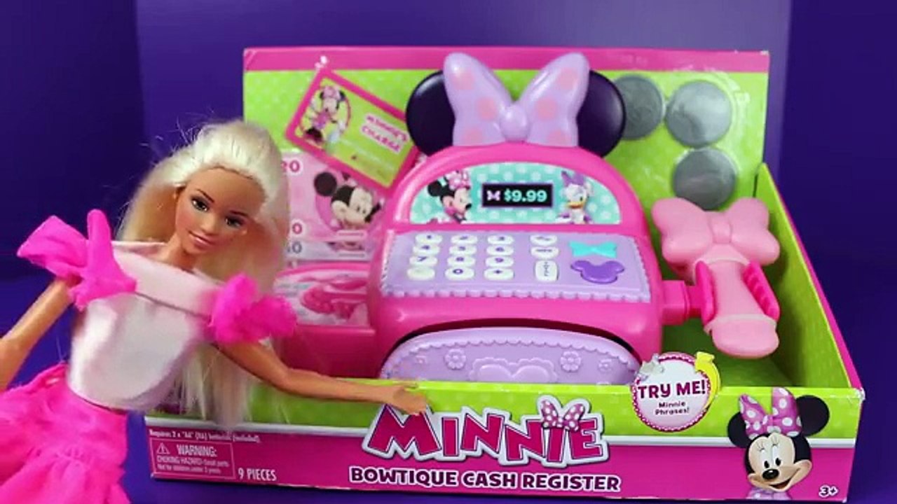 Barbie Shopping with Minnie Mouse Bowtique Cash Register Barbie Clothes Parody DisneyCarToys