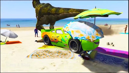 Dinosaur vs COLOR Cars Lightning McQueen in Spiderman Cartoon with Colors for Kids Nursery Rhymes
