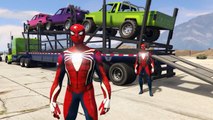 Spiderman Drives Car Carrier Trailer with Tons of Off Road Trucks SUV Colors Nursery Rhymes