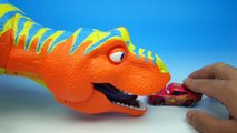 DINOSAUR ATTACK!! Disney Pixar Cars Lightning McQueen Saved by HULK From a Giant Dinosaur T-Rex Toys