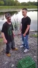 Funny video of two drunk guys fighting next to a lake