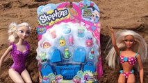 Elsa and Barbie Open Surprise Shopkins on Hawaii Beach DisneyCarToys Shopkins Unboxing with Dolls