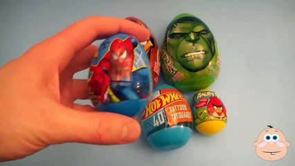 5 JUMBO Surprise Eggs! Iron Man The Hulk Avengers Hot Wheels Angry Birds Spider-Man!