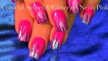 Easy Hot neon pink nails | Glitter STRIPED Nail Art Design Tutorial