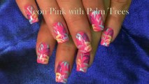 Nail Art! Hot NEON Pink Palm trees in Rainbow NaIls! DIY Nail Design Tutorial