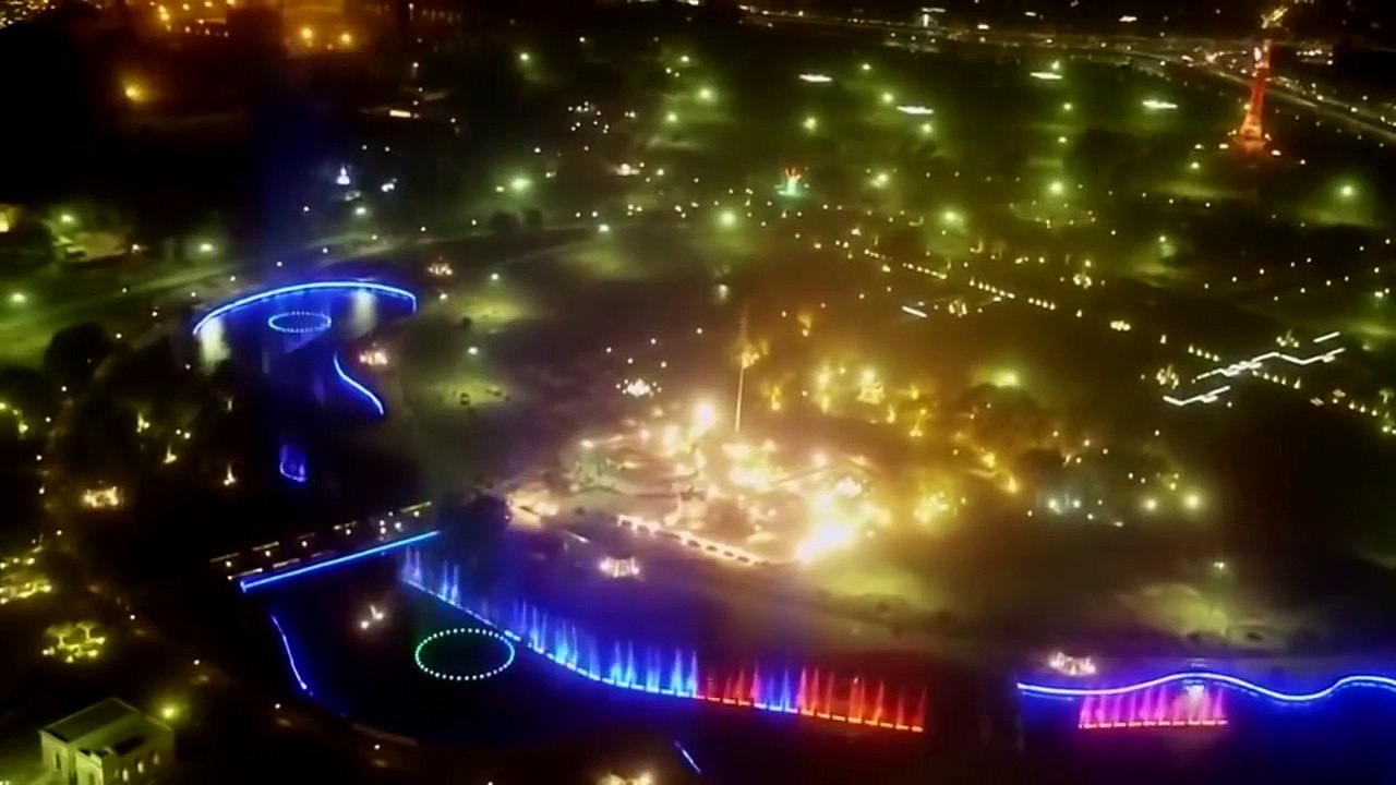 Greater Iqbal Park and dancing fountain, Lahore, - Aerial Drone View