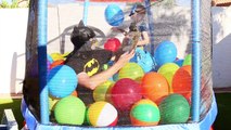 Worlds BIGGEST BATMAN Balloon Pit! Little Tikes Trampoline with Little Batman Surprise Toys