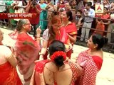 sindoor khela at Tridhara sammilani Puja pandal.