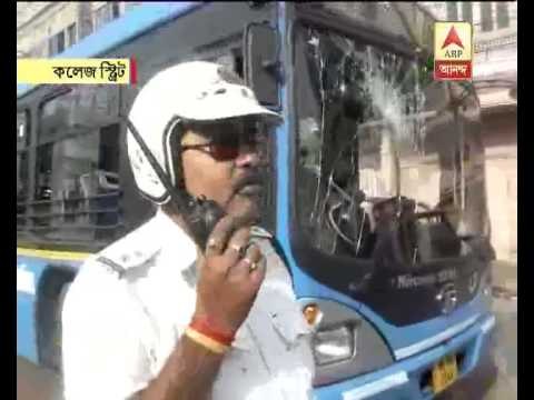 Bus ransacked at college street on the day of Bandh