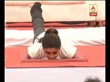 Bollywood actress shilpa shetty practices yoga in bangalore on International Yoga day