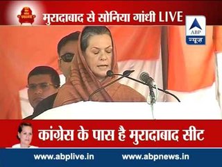 Sonia Gandhi addresses a rally in Moradabad