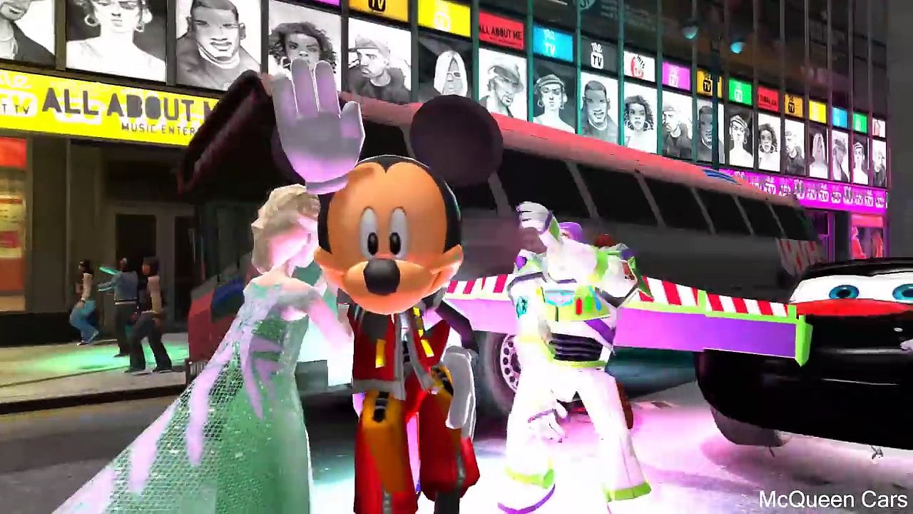 Mcqueen cars play with frozen elsa mickey mouse spiderman and buzz lightyear action childrens song