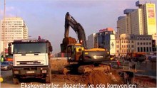 Ekskavatörler, dozerler ve çöp kamyonları işyerinde ses ve ses