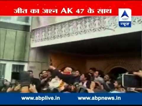 PDP MLA Ashraf Mir celebrates with AK-47 after defeating Omar Abdullah in Sonawar